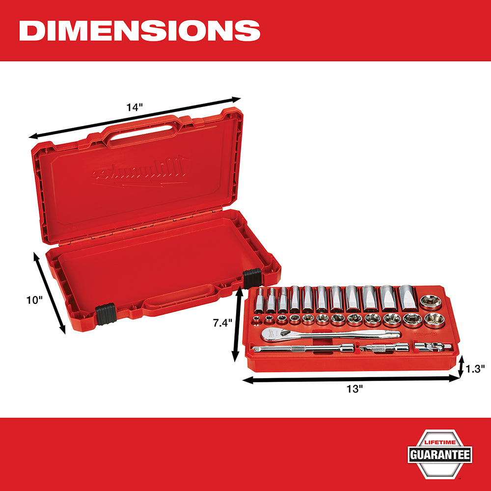 Red Milwaukee ratchet and socket set in open carrying case with sockets and tools displayed, dimensions labeled 14" x 10" x 7