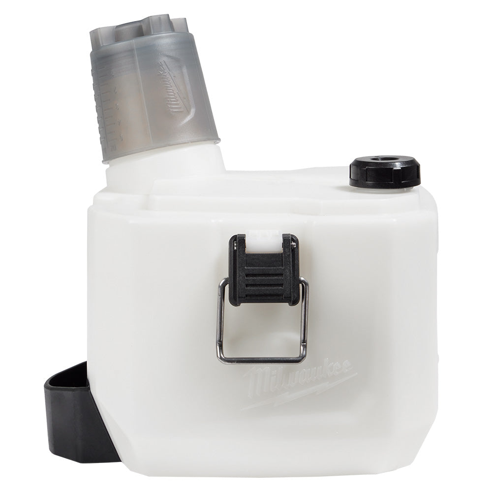 White plastic handheld sprayer tank with gray fill cap, black screw-on lid, metal handle, and black pour spout.