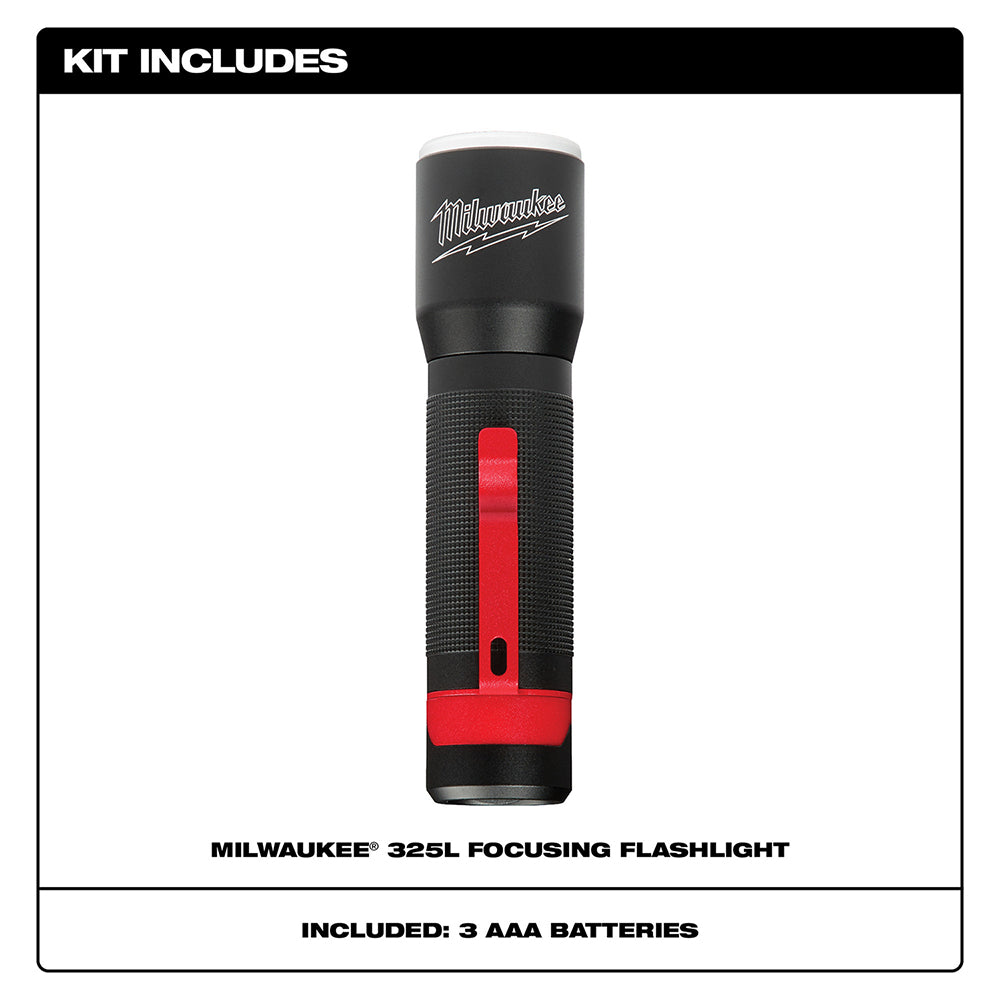 Black and red Milwaukee LED flashlight with textured grip and focusing head, shown vertically.