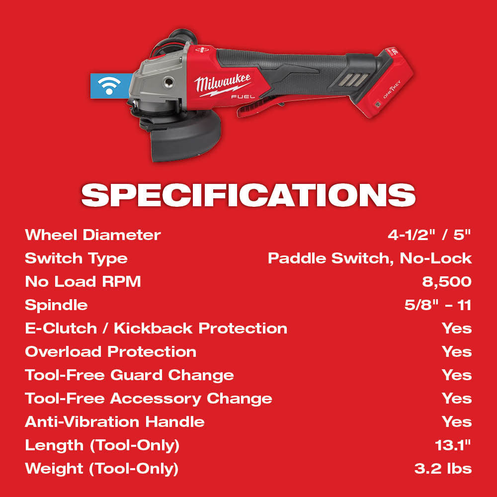 Milwaukee M18 FUEL angle grinder with red and black body, paddle switch, and grinding wheel on red background.