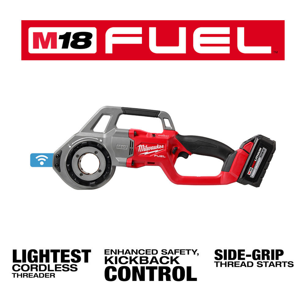 Red and gray Milwaukee M18 FUEL cordless pipe threader with battery and side grip handle.