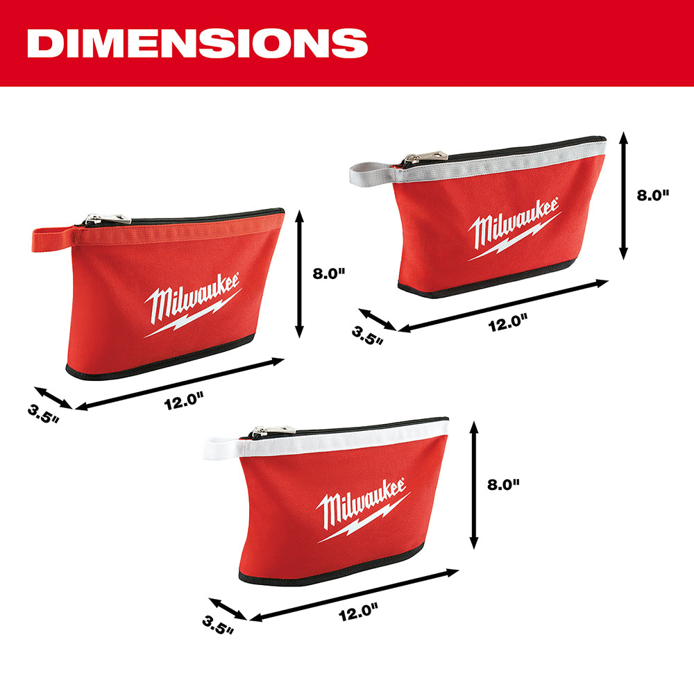 Three red canvas pouches with Milwaukee branding, black trim, and metal zippers in varying sizes up to 12 inches wide.