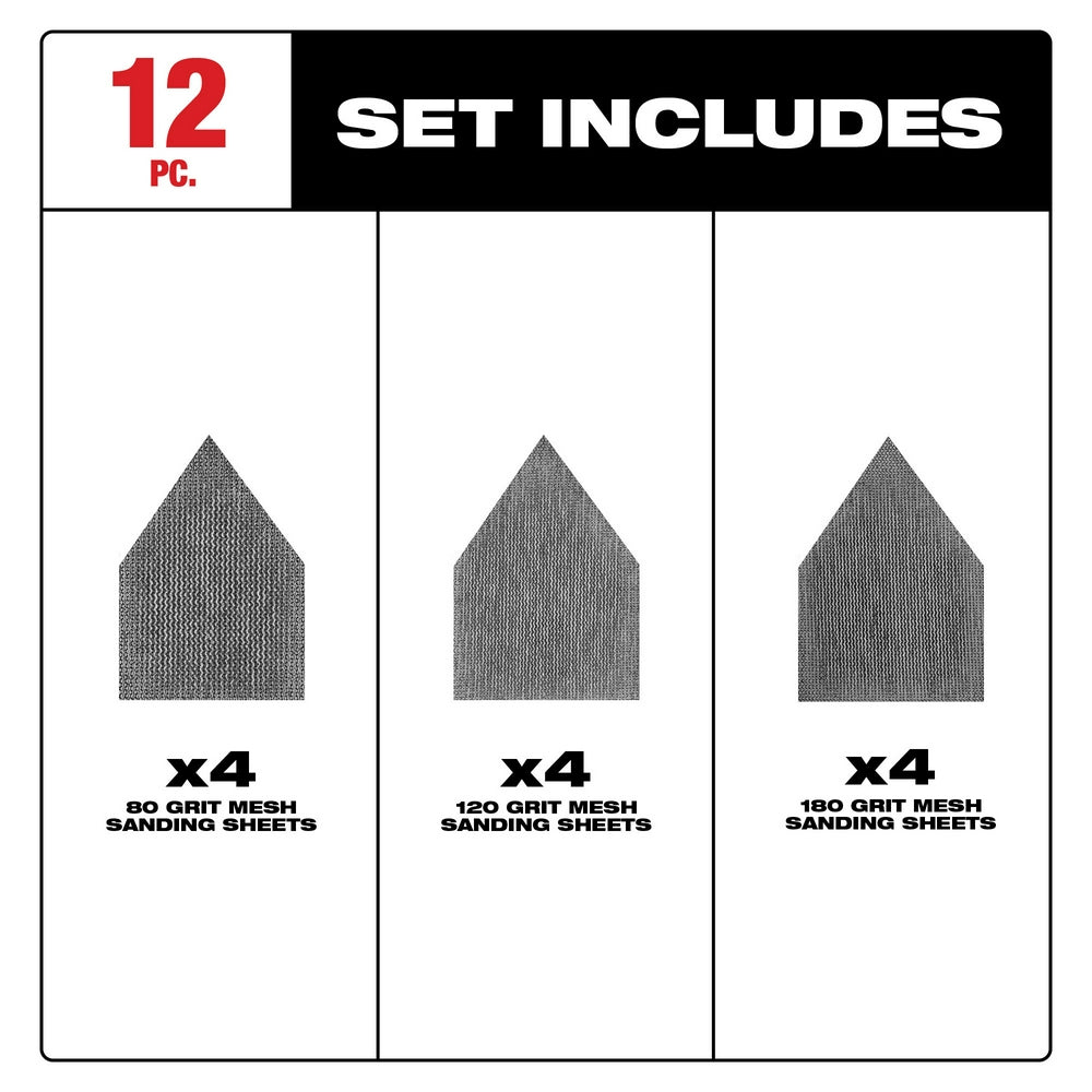 Twelve mesh sanding sheets in pentagon shape: four 80-grit, four 120-grit, and four 180-grit.