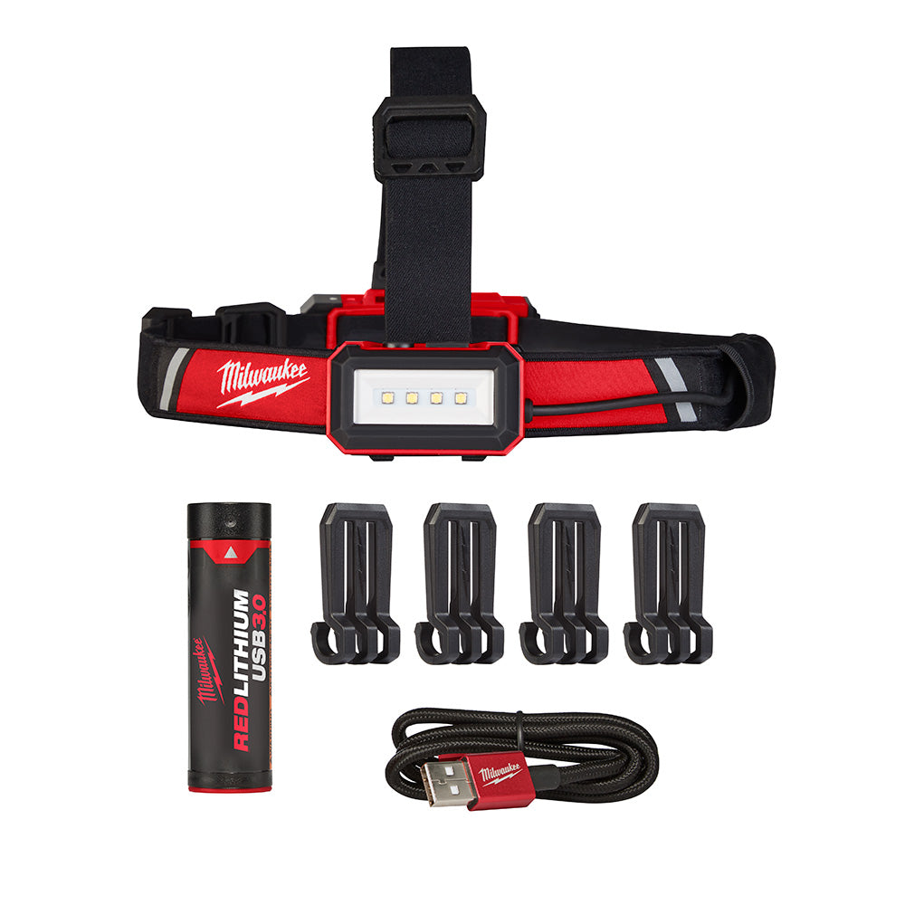 Black and red Milwaukee headlamp with LED light panel, head strap, rechargeable battery, four clips, and USB charging cable.