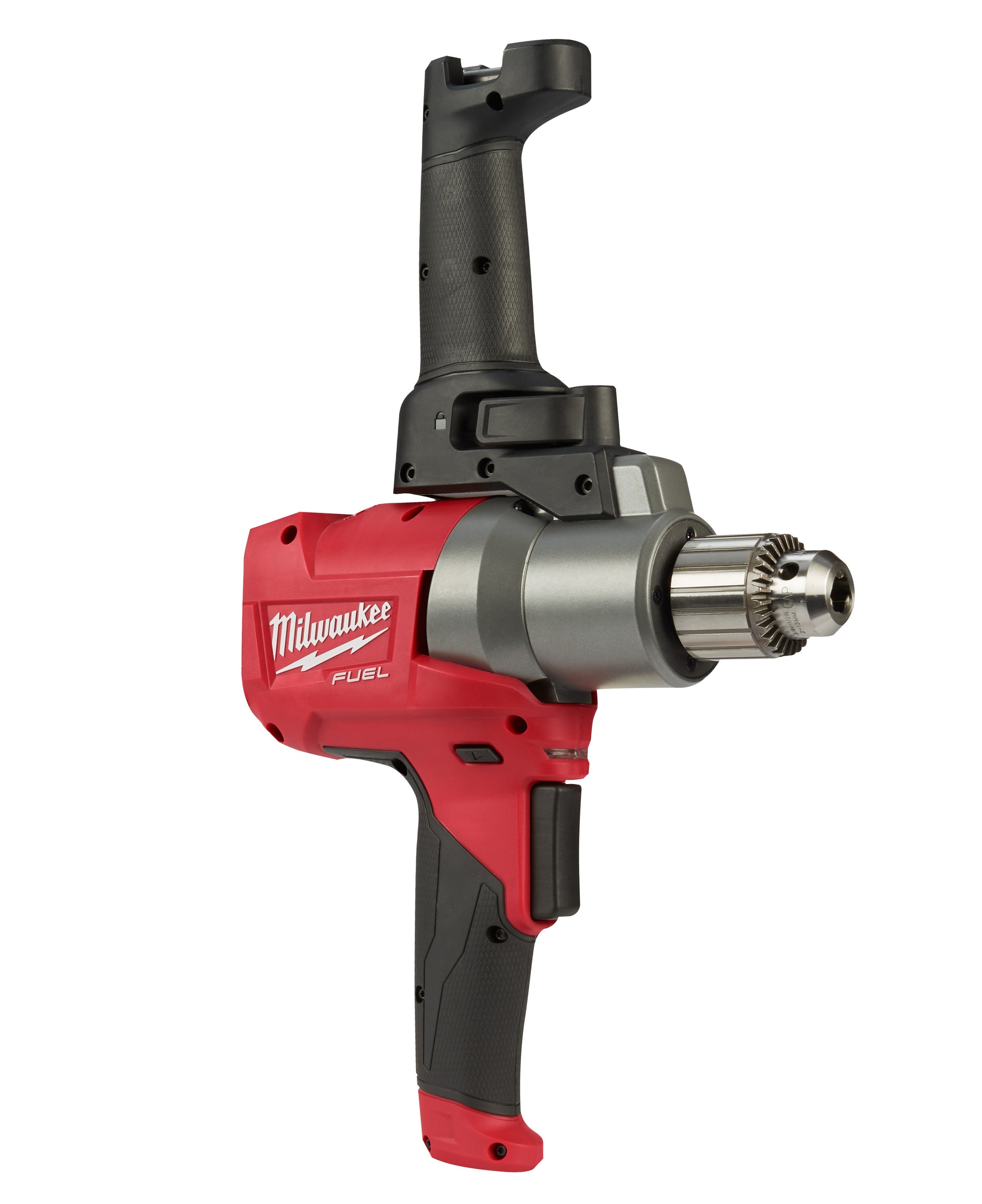 Red and black Milwaukee M18 FUEL mud mixer with 180-degree handle and metal chuck attachment.