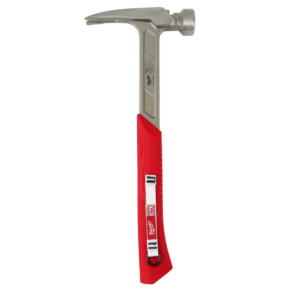 Claw hammer with metal head and red grip handle featuring web attachment with D-ring.