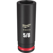 Black deep socket with 5/8" size marking, hexagonal opening, and red grip band at base.