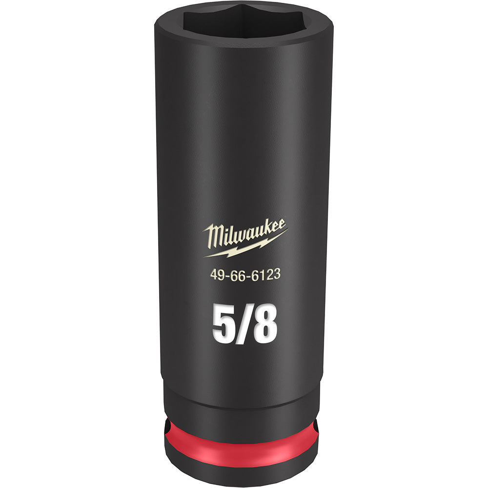 Black deep socket with 5/8" size marking, hexagonal opening, and red grip band at base.