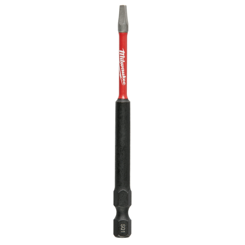Milwaukee Shockwave SQ1 impact bit with red upper shaft, gray tip, and black lower shaft with hex connector.