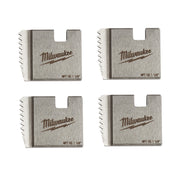 Four Milwaukee NPT HS 1 1/4" threading dies with metal bodies and cutting grooves on sides.