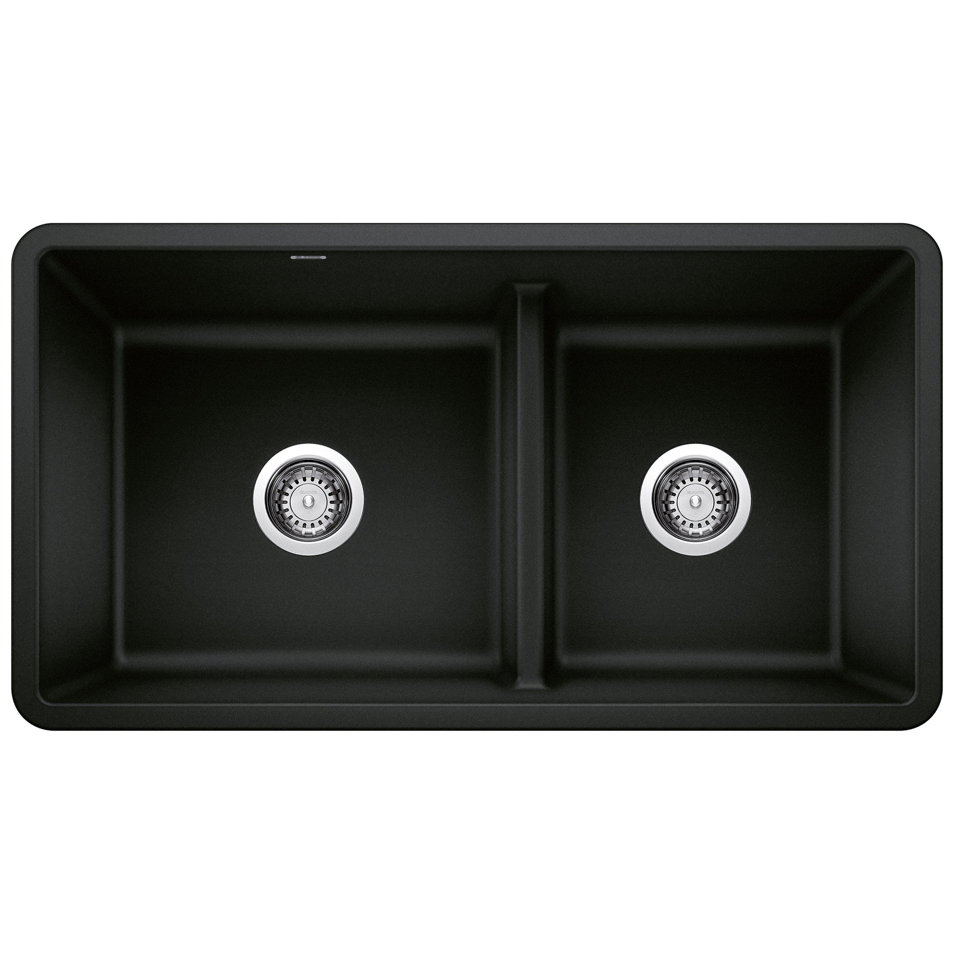 Coal black double bowl kitchen sink with low divide and chrome drain fixtures.
