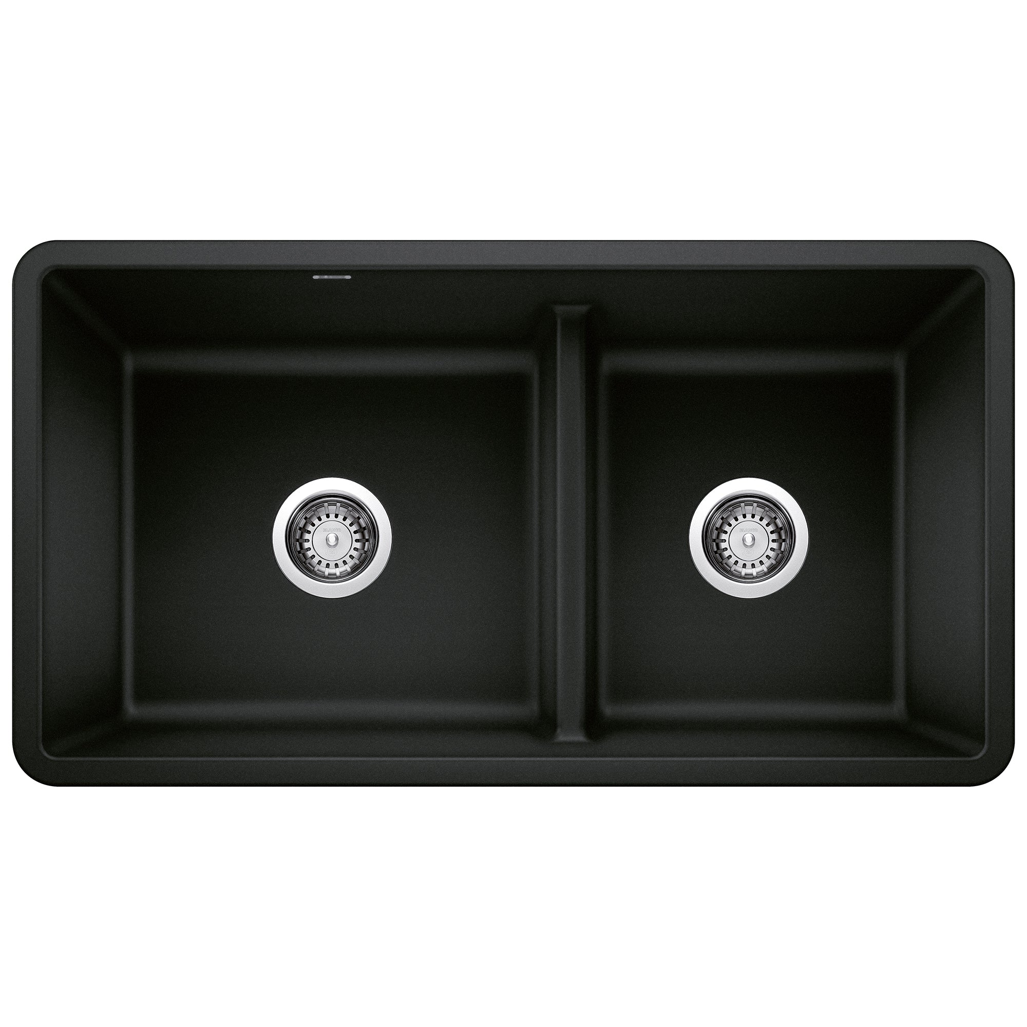 Coal black double bowl kitchen sink with low divide and chrome drain fixtures.