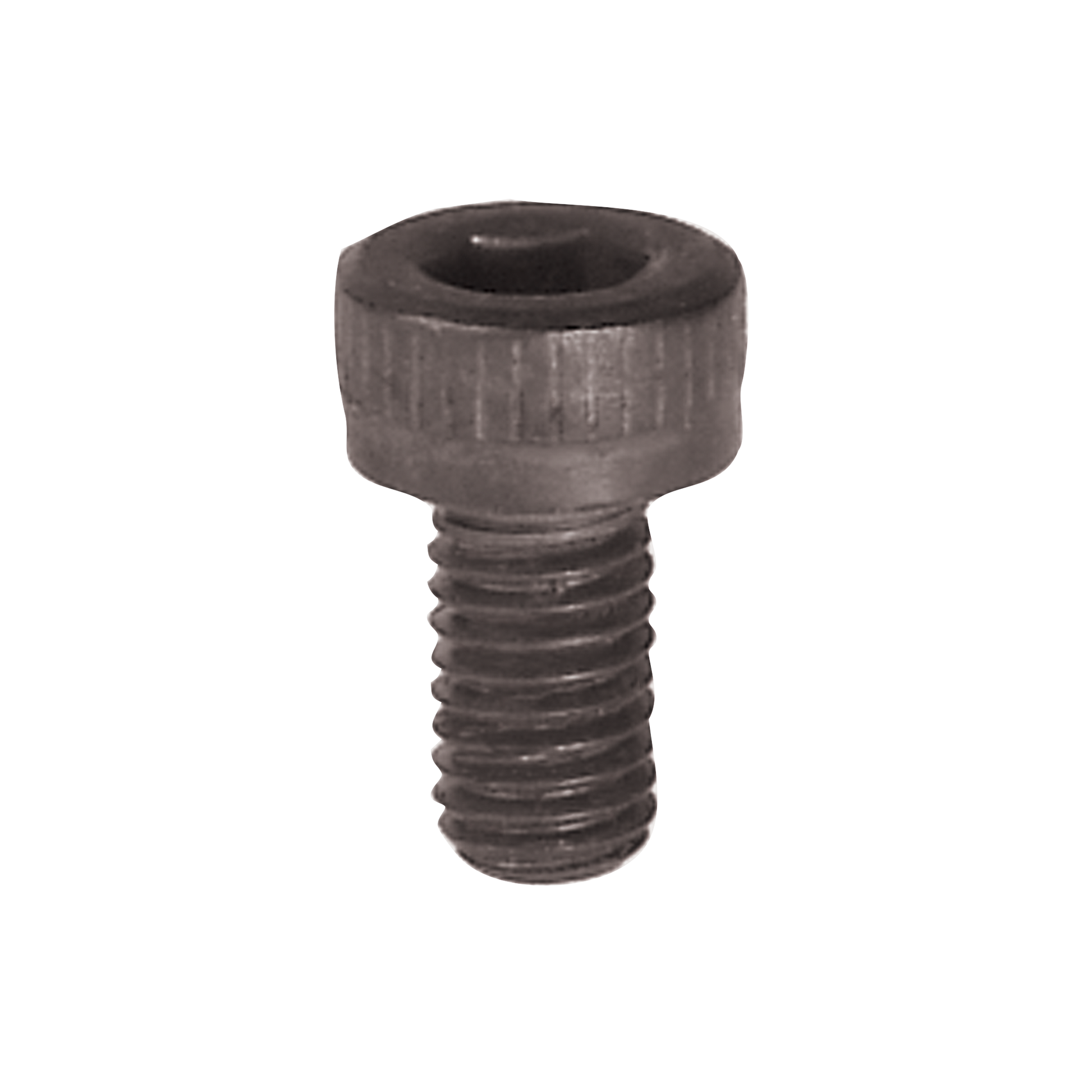 Black metal cap screw with hexagonal socket head and threaded shaft.