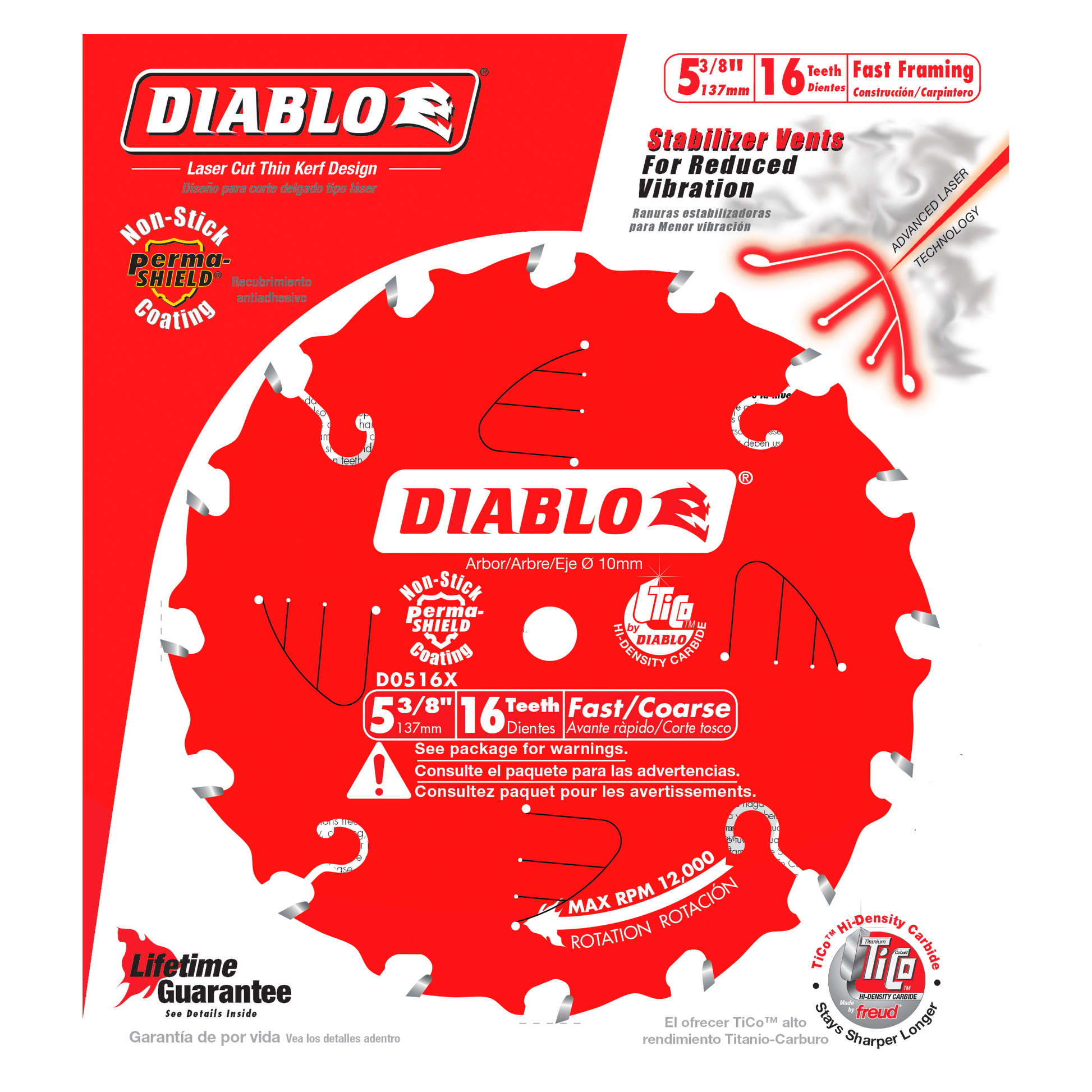 Red Diablo circular saw blade with 16 teeth, 5-3/8 inch diameter, white tooth tips and stabilizer vents visible.
