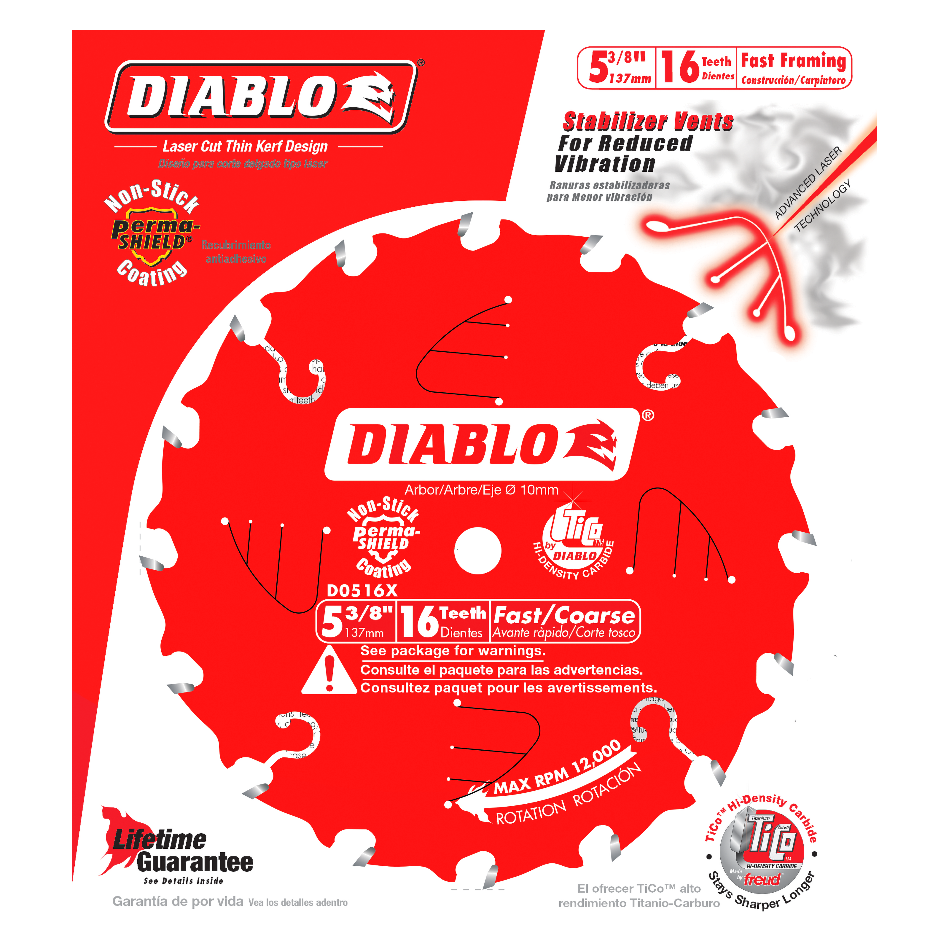 Red Diablo circular saw blade with 16 teeth, 5-3/8 inch diameter, white tooth tips and stabilizer vents visible.
