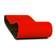 Red sanding belt with black backing, cylindrical form showing seam on one end.