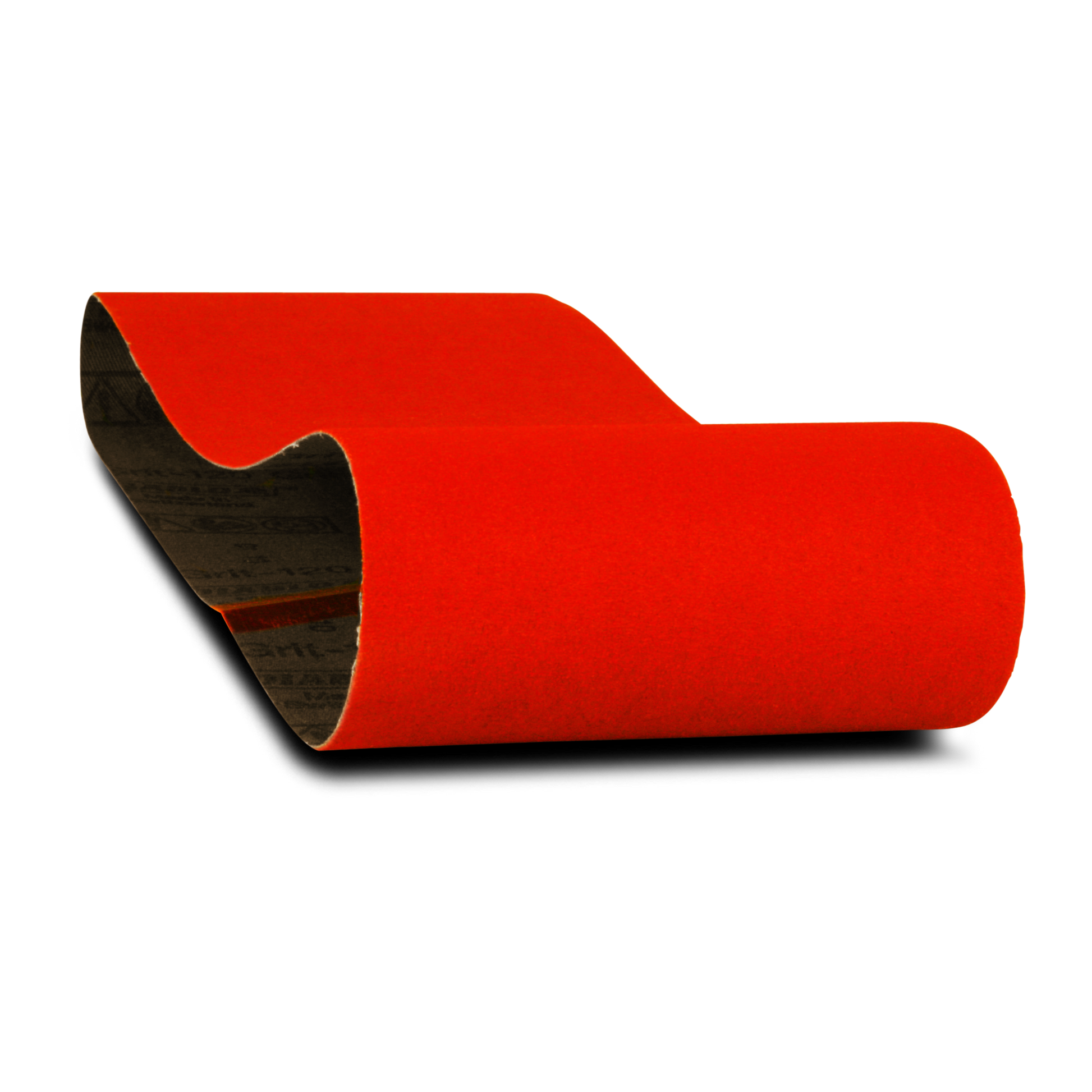 Red sanding belt with black backing, cylindrical form showing seam on one end.