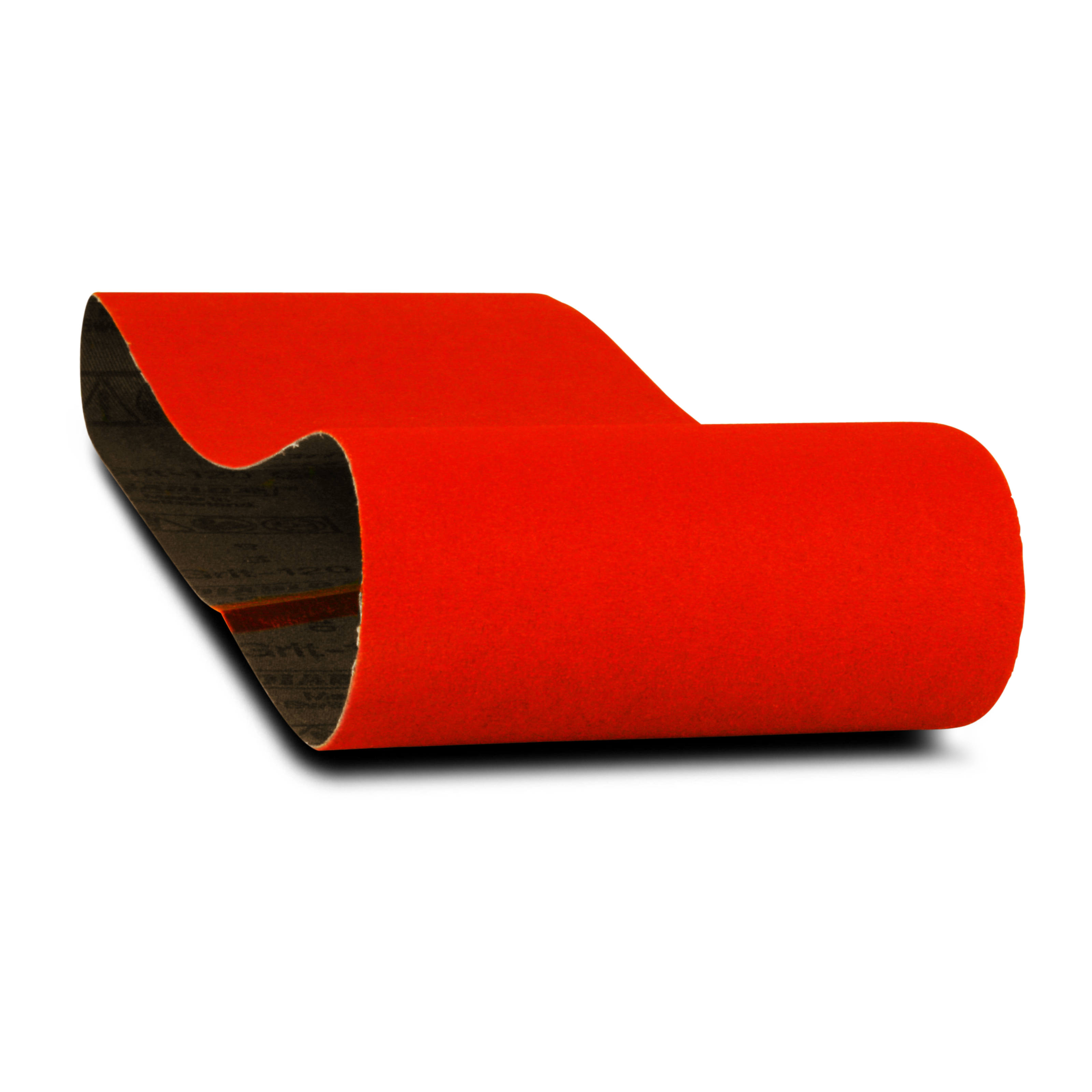 Red sanding belt with black backing, cylindrical form showing seam on one end.