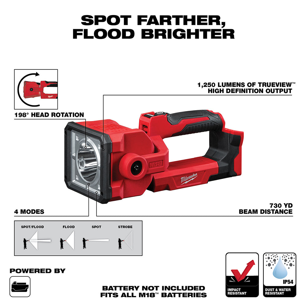 Milwaukee 2354-20 M18 red and black search light with rotating head, handle, and rectangular beam housing.