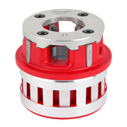 Milwaukee 1" NPT pipe threading die head with aluminum top plate, red and white body, and four mounting holes.