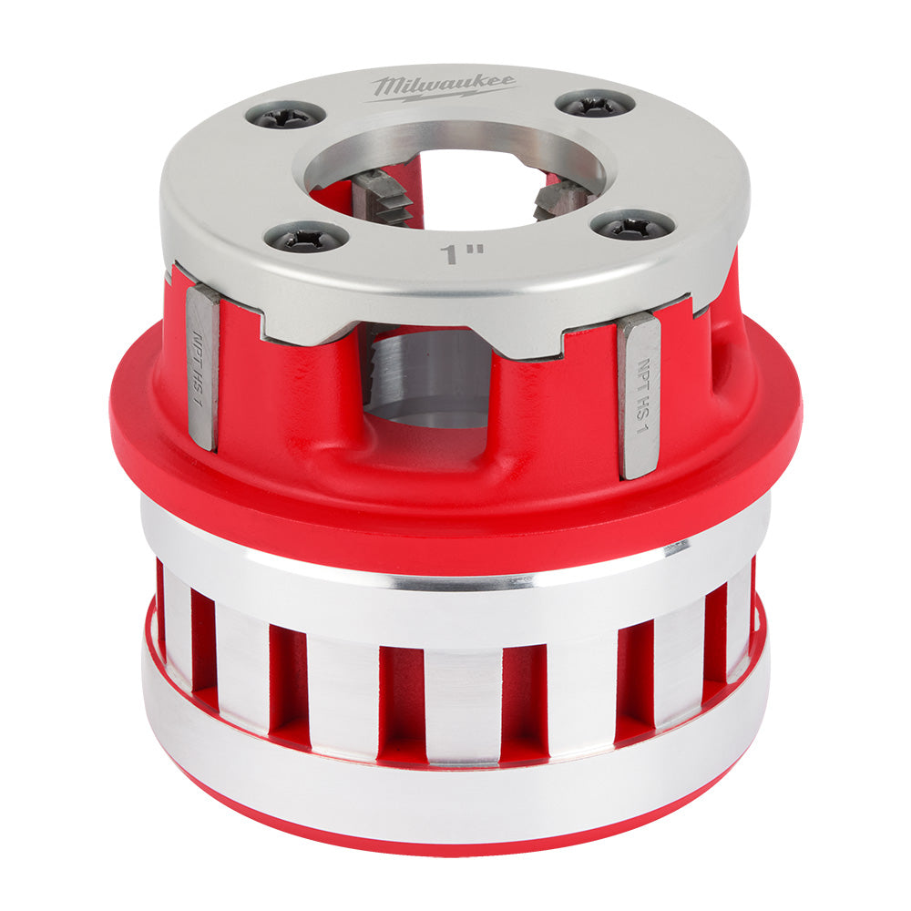 Milwaukee 1" NPT pipe threading die head with aluminum top plate, red and white body, and four mounting holes.