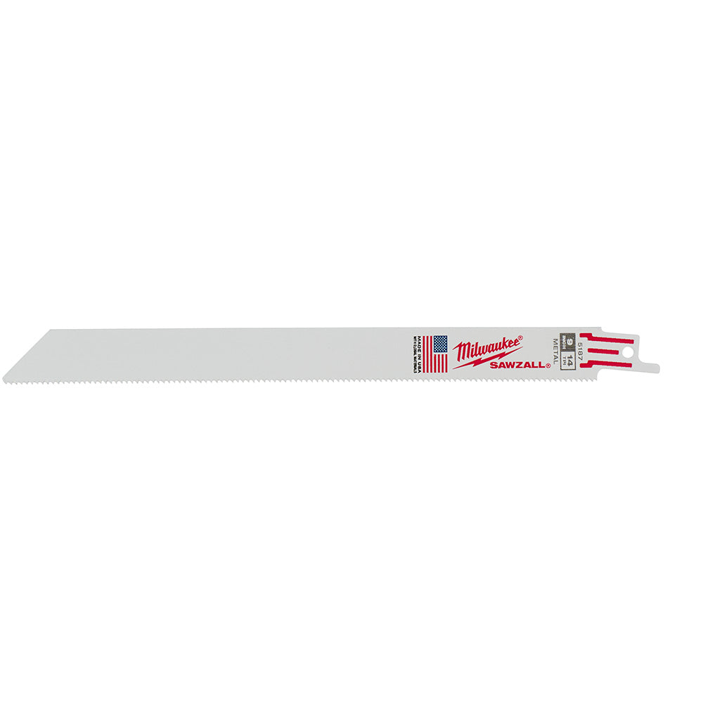 Milwaukee 9 inch reciprocating saw blade with thin kerf design and fine teeth for precise cuts.