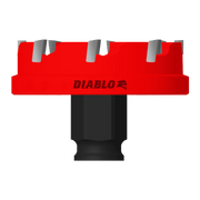 Red and black hole cutter with carbide teeth positioned along the top edge and cylindrical shaft below.