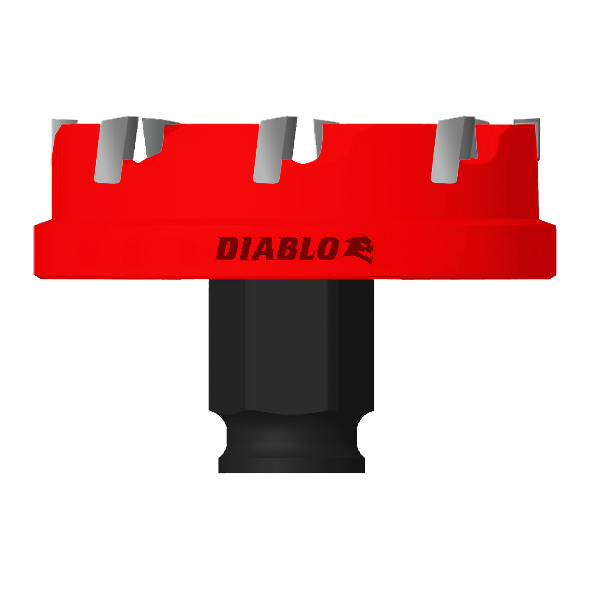 Red and black hole cutter with carbide teeth positioned along the top edge and cylindrical shaft below.