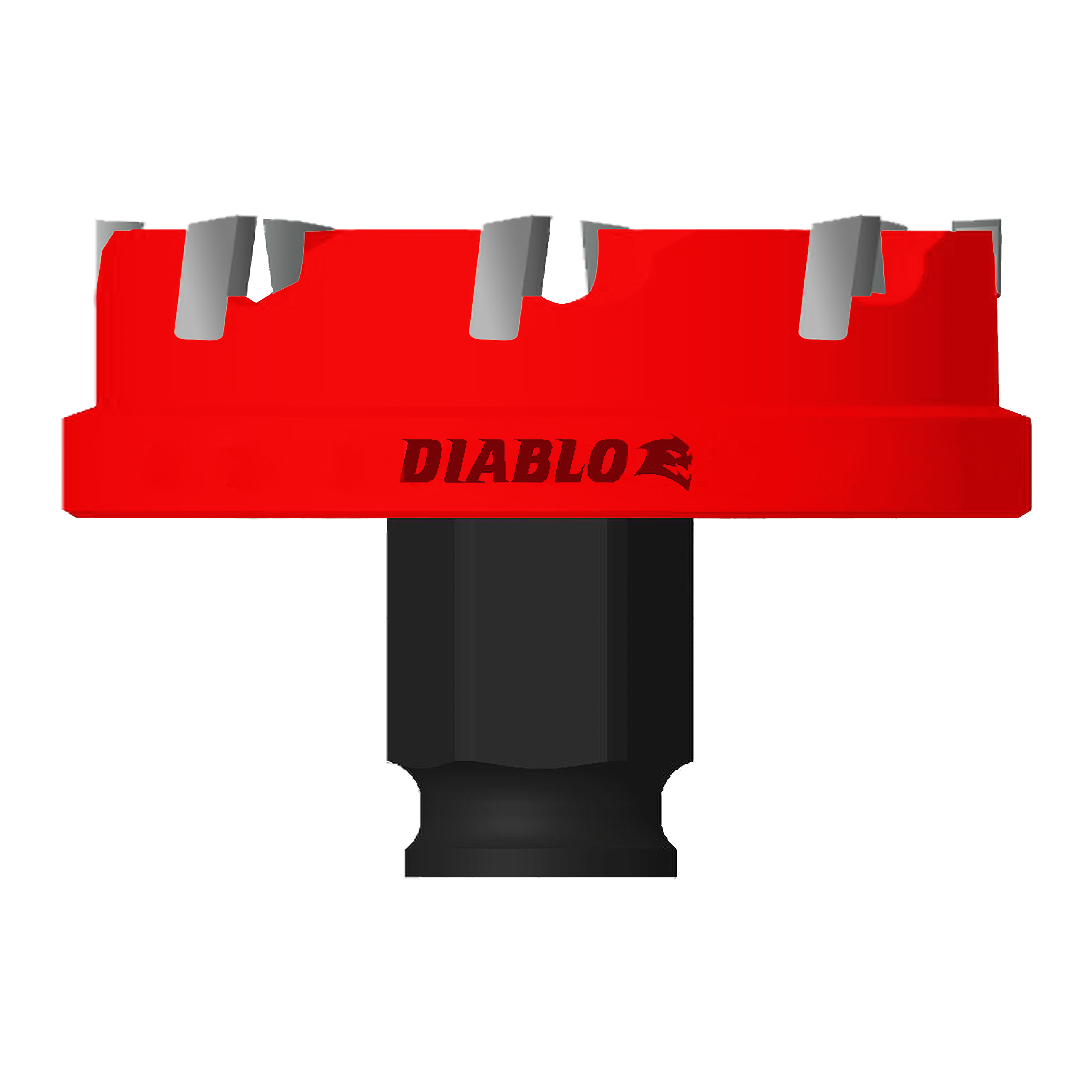Red and black hole cutter with carbide teeth positioned along the top edge and cylindrical shaft below.