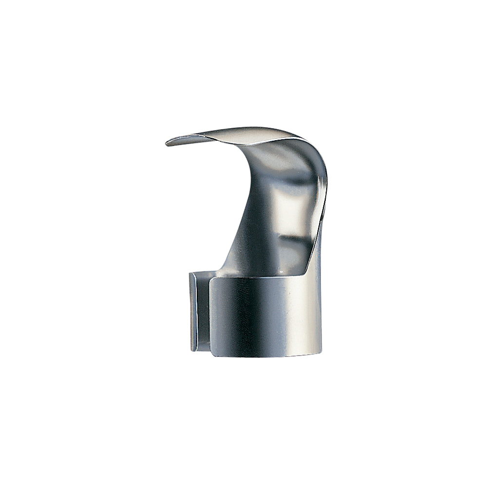 Metal hook nozzle with curved spout and cylindrical base featuring mounting slot.