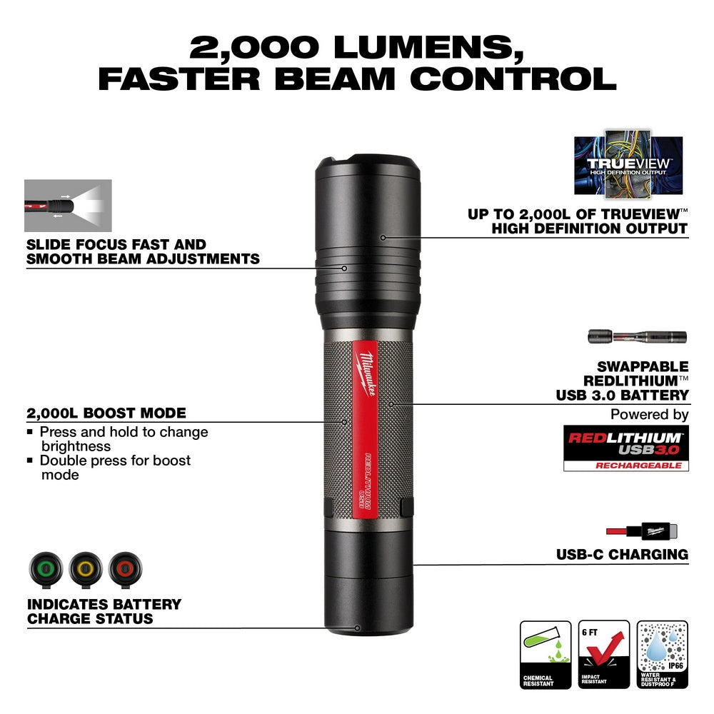 Black and red cylindrical flashlight with slide focus beam adjustment, USB charging port, and battery status indicator lights