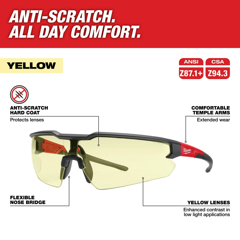 Black safety glasses with yellow lenses, flexible nose bridge, and red temple arms labeled with ANSI and CSA certification ma