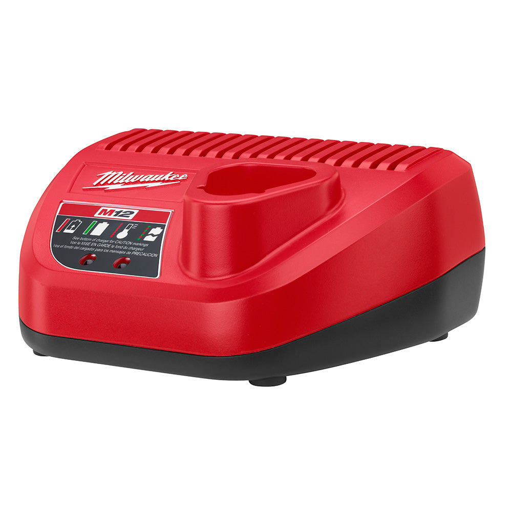 Red and black Milwaukee M12 battery charger with charging slot and status indicator lights on front panel.