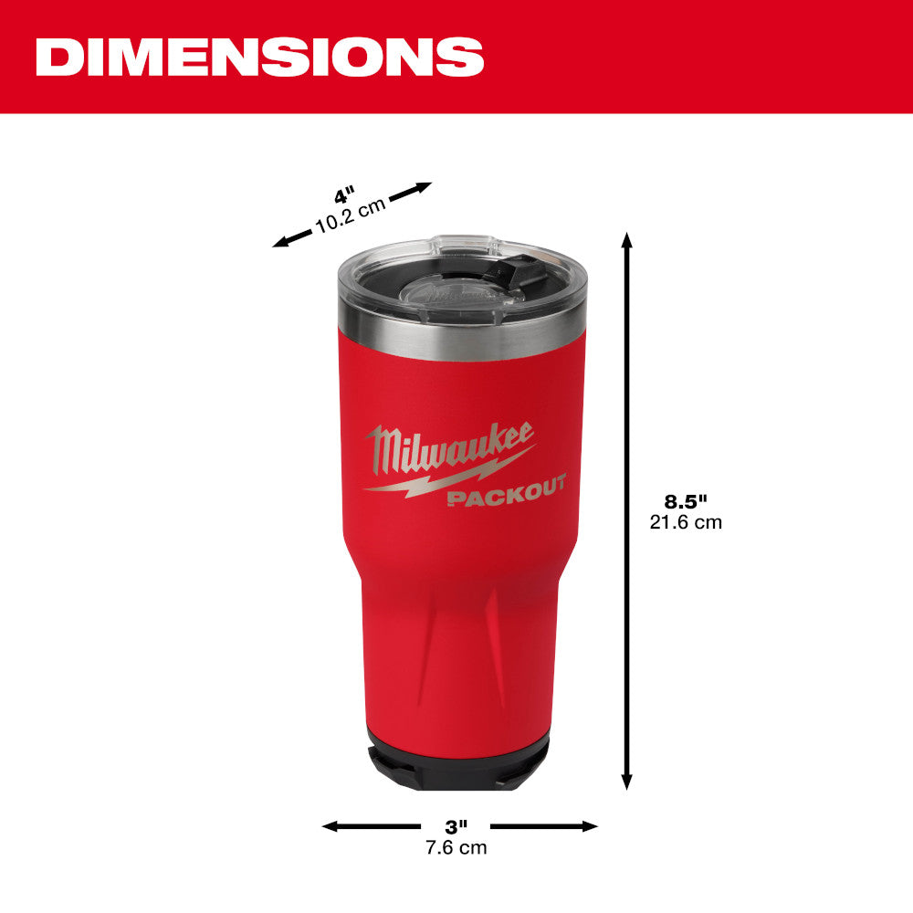 Red Milwaukee Packout tumbler with stainless steel band and black lid, 8.5 inches tall and 4 inches in diameter.