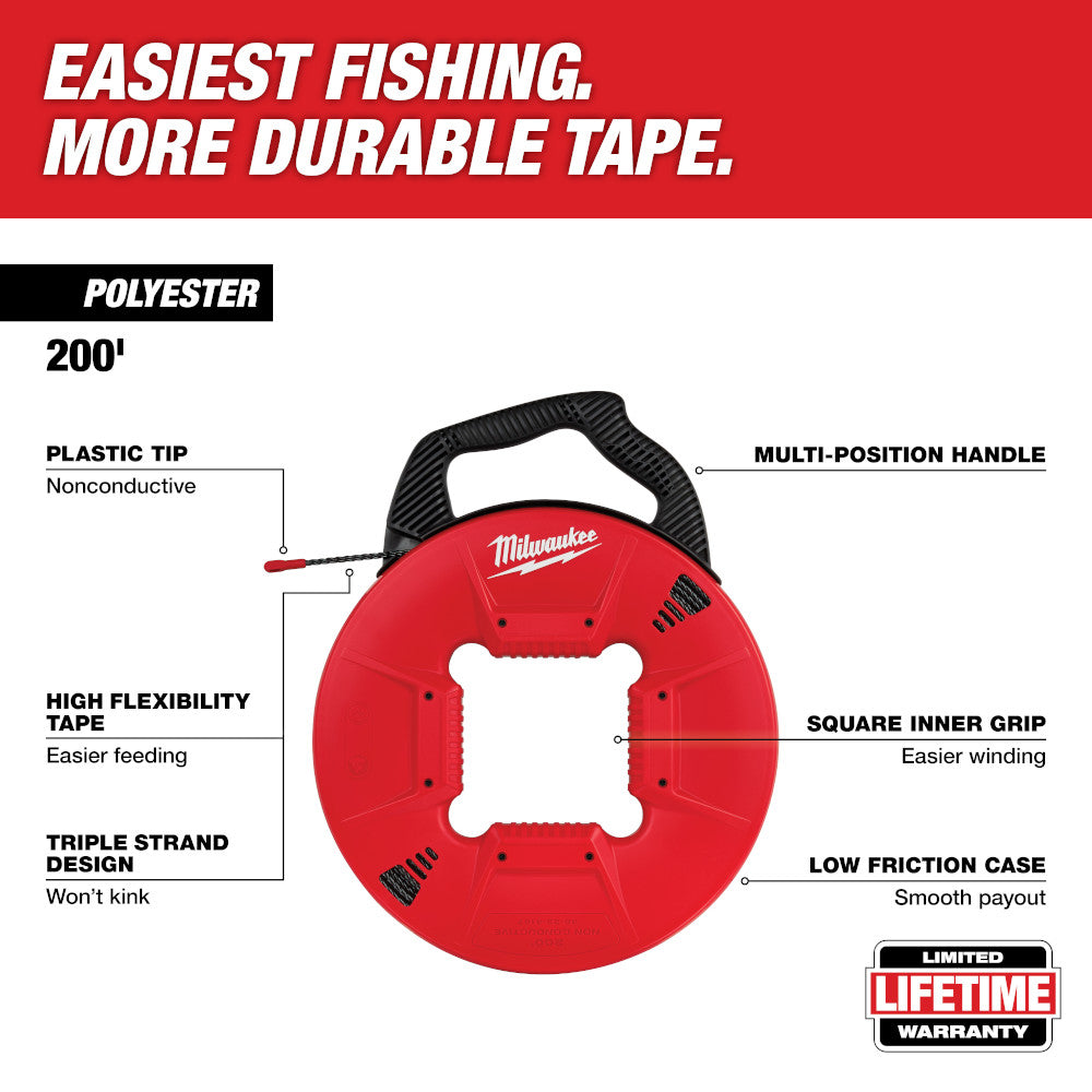 Milwaukee 200 ft polyester fish tape with non-conductive plastic tip and red reel case featuring black multi-position handle.