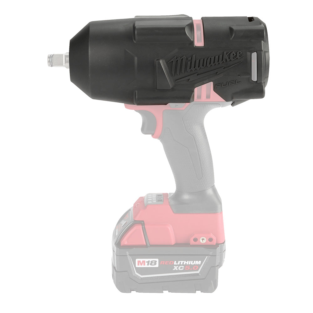 Black and pink protective boot cover for Milwaukee M18 FUEL impact wrench with grip handle and mounting bracket.