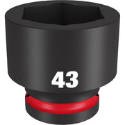 Black 43MM socket with 6-point hexagonal opening and red grip band on 3/4" drive base.