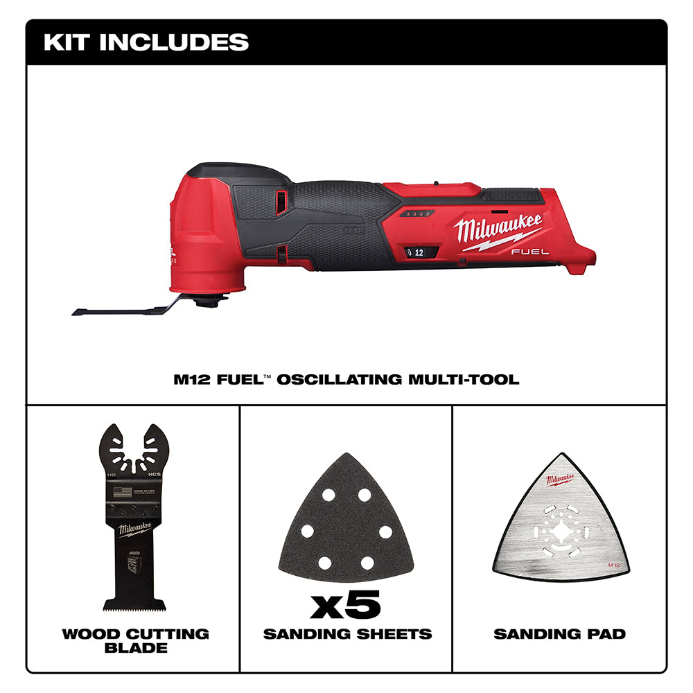Red and black Milwaukee M12 FUEL oscillating multi-tool with wood cutting blade, five sanding sheets, and sanding pad include