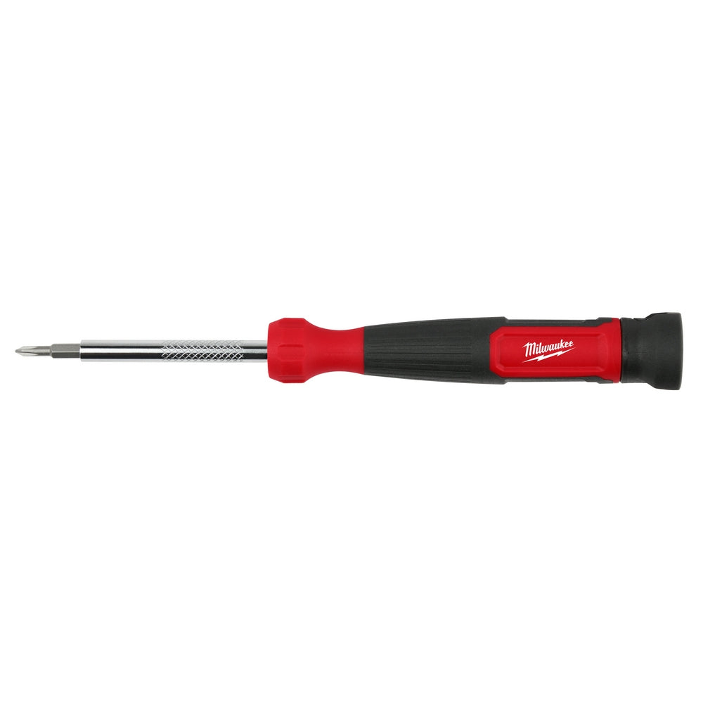 Red and black multi-bit screwdriver with interchangeable bits stored in handle and Milwaukee branding.