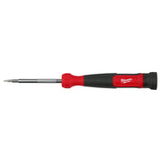 Red and black multi-bit screwdriver with interchangeable bits stored in handle and Milwaukee branding.
