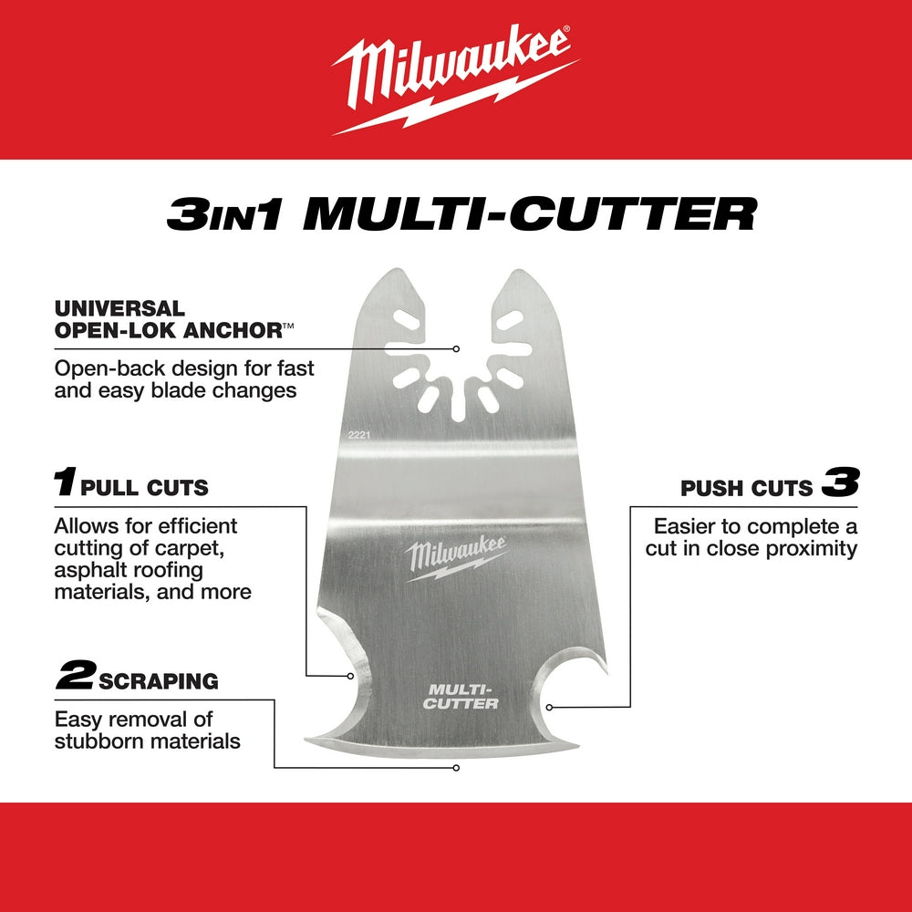 Milwaukee OPEN-LOK 3-in-1 multi-cutter scraper blade with curved cutting edges and open-back anchor design.