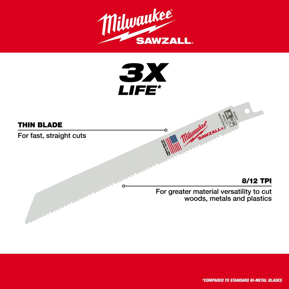 Milwaukee SAWZALL 8-inch reciprocating saw blade with 8/12 TPI teeth and mounting hole, thin metal design.