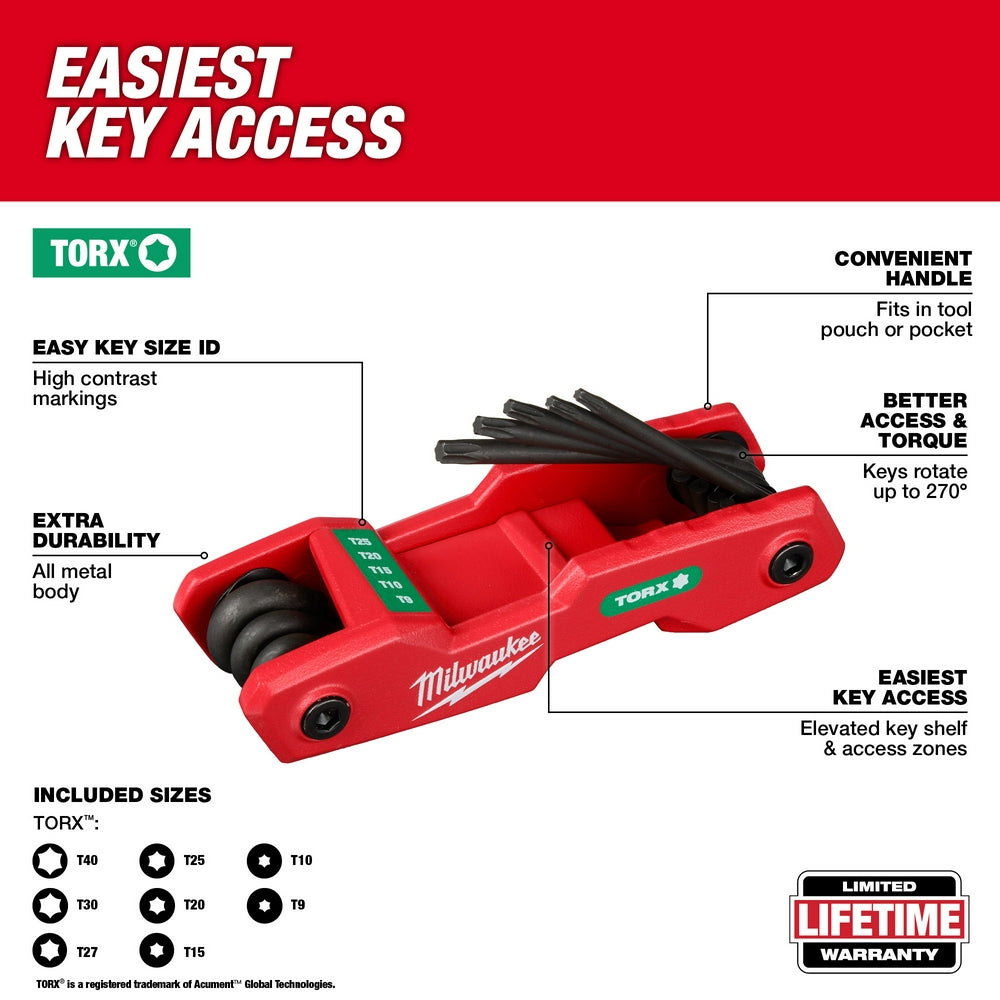 Red and black Milwaukee folding Torx hex key set with eight keys stored in rotating metal handle.