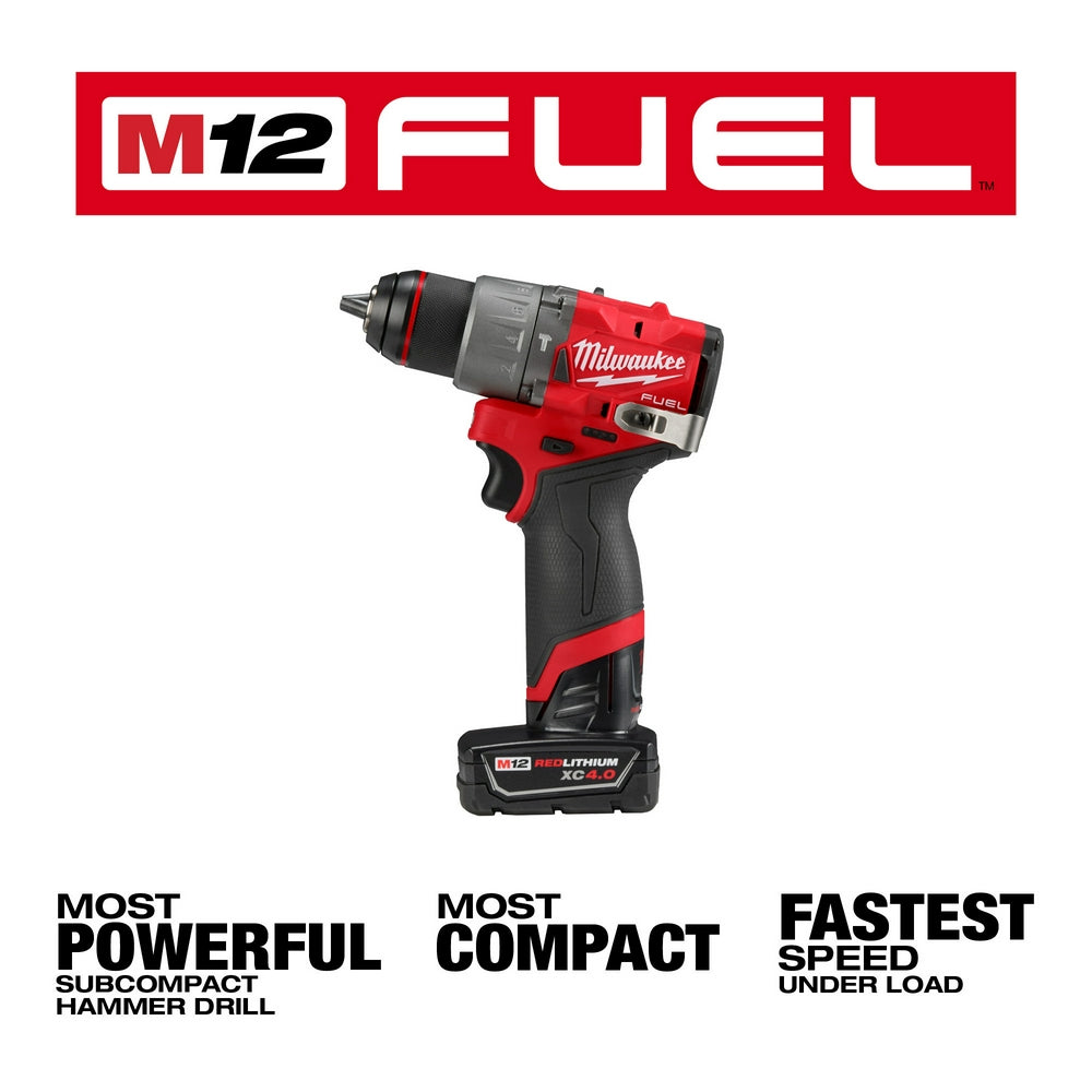 Milwaukee M12 FUEL red and black 1/2" hammer drill/driver with battery and M12 FUEL branding visible.