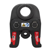 Black iron press jaw for M18 tool with circular opening at top, two adjustment knobs, warning labels, and red Milwaukee brand
