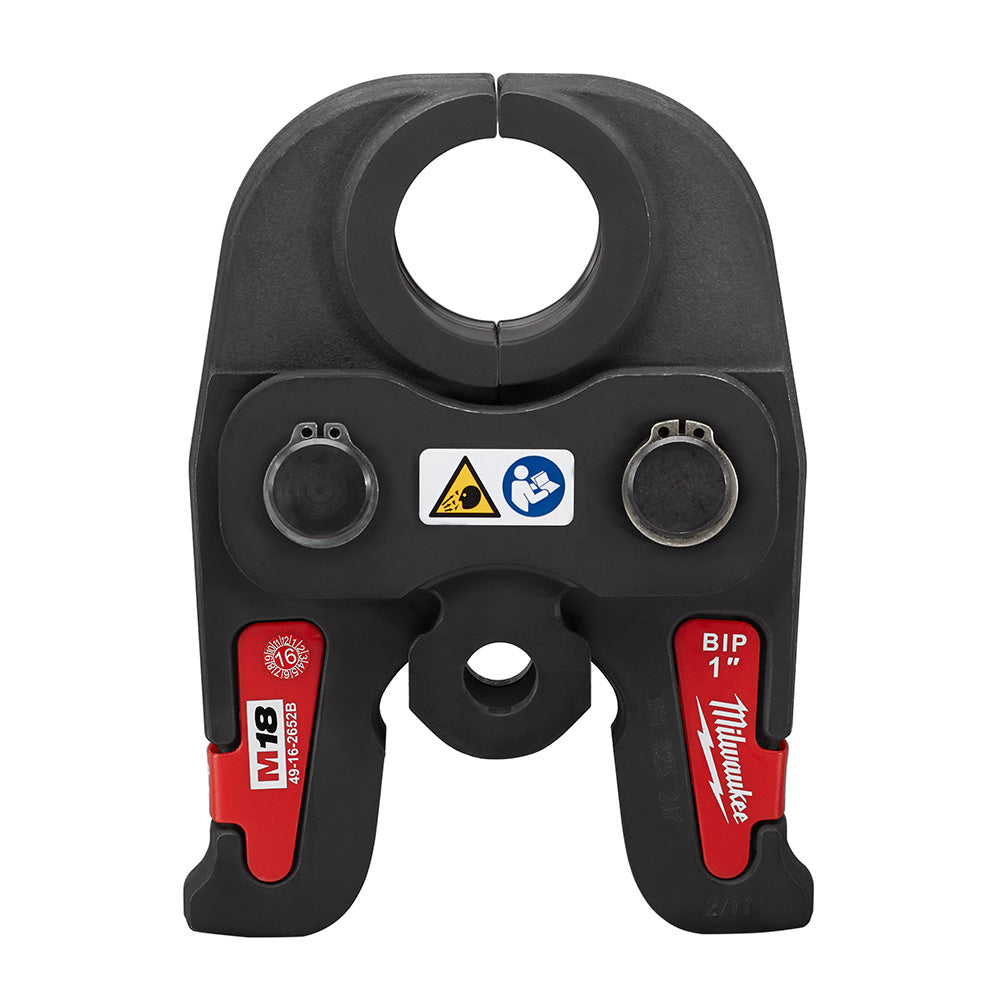 Black iron press jaw for M18 tool with circular opening at top, two adjustment knobs, warning labels, and red Milwaukee brand