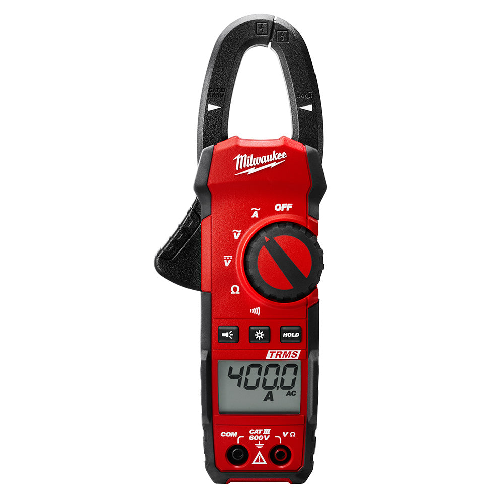 Milwaukee red and black clamp meter with digital display, black handle, and rotary selector dial.