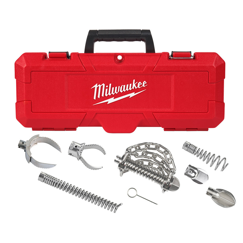Red Milwaukee case containing metal head attachments including curved claws, spring coils, chain-link head, and accessories f