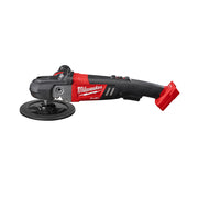 Milwaukee M18 FUEL 7" variable speed polisher with red and black body and round polishing pad attachment.