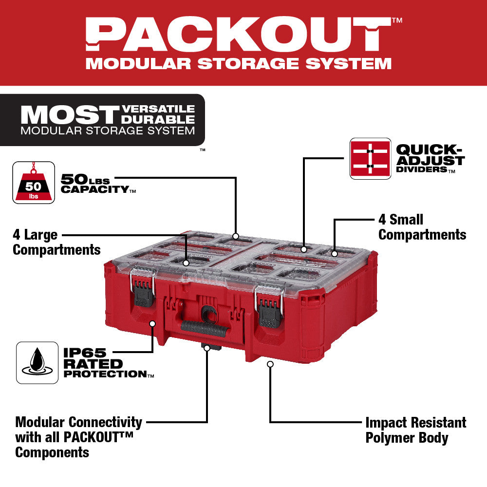 Red plastic PACKOUT deep organizer with four large compartments, quick-adjust dividers, metal latches, and handle for tool st